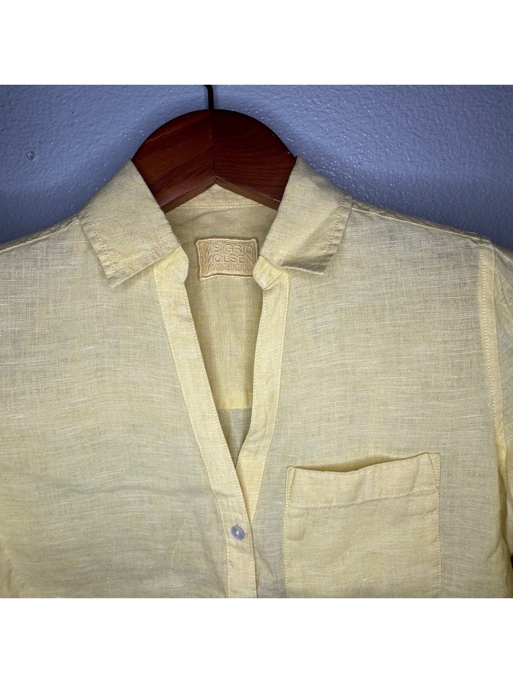 Yellow Linen Button Front Blouse Sigrid Olsen Roll Tab Sleeve Coastal Shirt - Picture 3 of 5